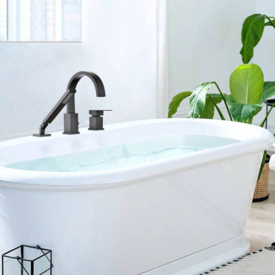 Waterfall Bathtub Faucet with Sprayer, 3 - Hole Roman Tub Filler with Hand Shower Deck Mount Waterfall Tub Spout Set