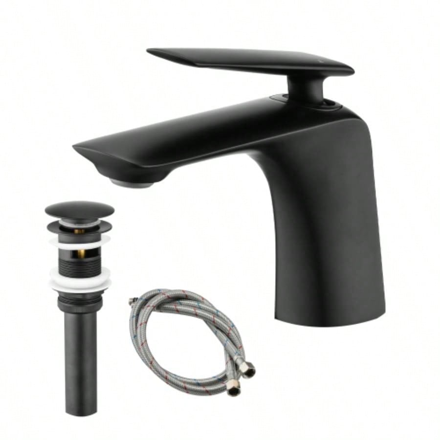 Single Hole Bathroom Sink Faucet with Up Drain and Supply Hose, Single Handle Bathroom faucet