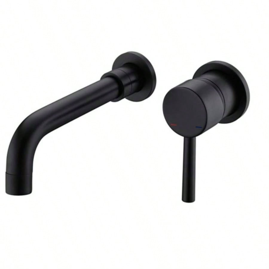 Wall Mount Single Handle Bathroom Sink Faucet, Curved Spout Design, Matte Black, Easy Installation