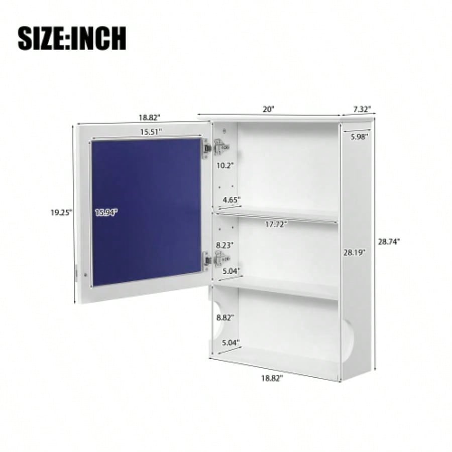 20 Wall Mounted Bathroom Storage Cabinet with Mirror, Wall Mounted Home Storage with Door, Mirrored Wall Medicine Cabinet