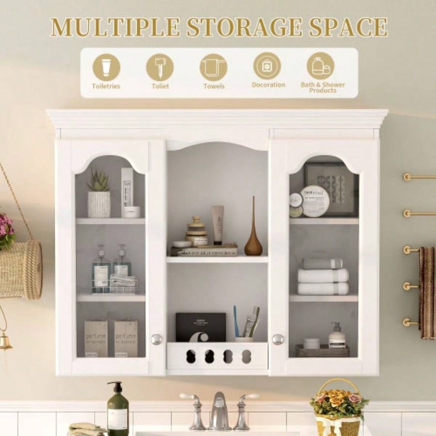 Wall Mounted Medicine Cabinet, Bathroom Wall Cabinet with 2 Glass Doors, Over Toilet Space Saver Storage Cabinet with Ample Storage, White
