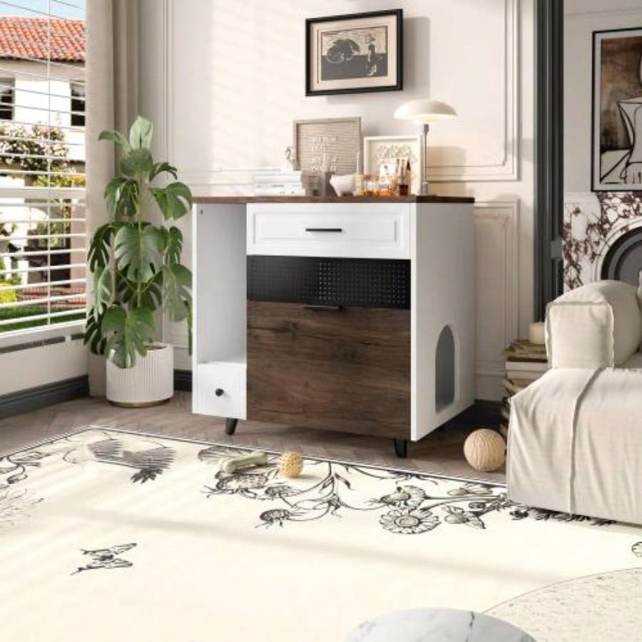 GO Litter Box Enclosure 2 Cats, Double Hidden Litter Box Furniture Washroom, Farmhouse Indoor House End Table, Brown