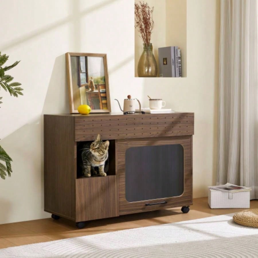 2 IN 1 Multi - use Litter Box Enclosure, Modern Walnut Side Table with Storage, Buffet Cabinet Side Board