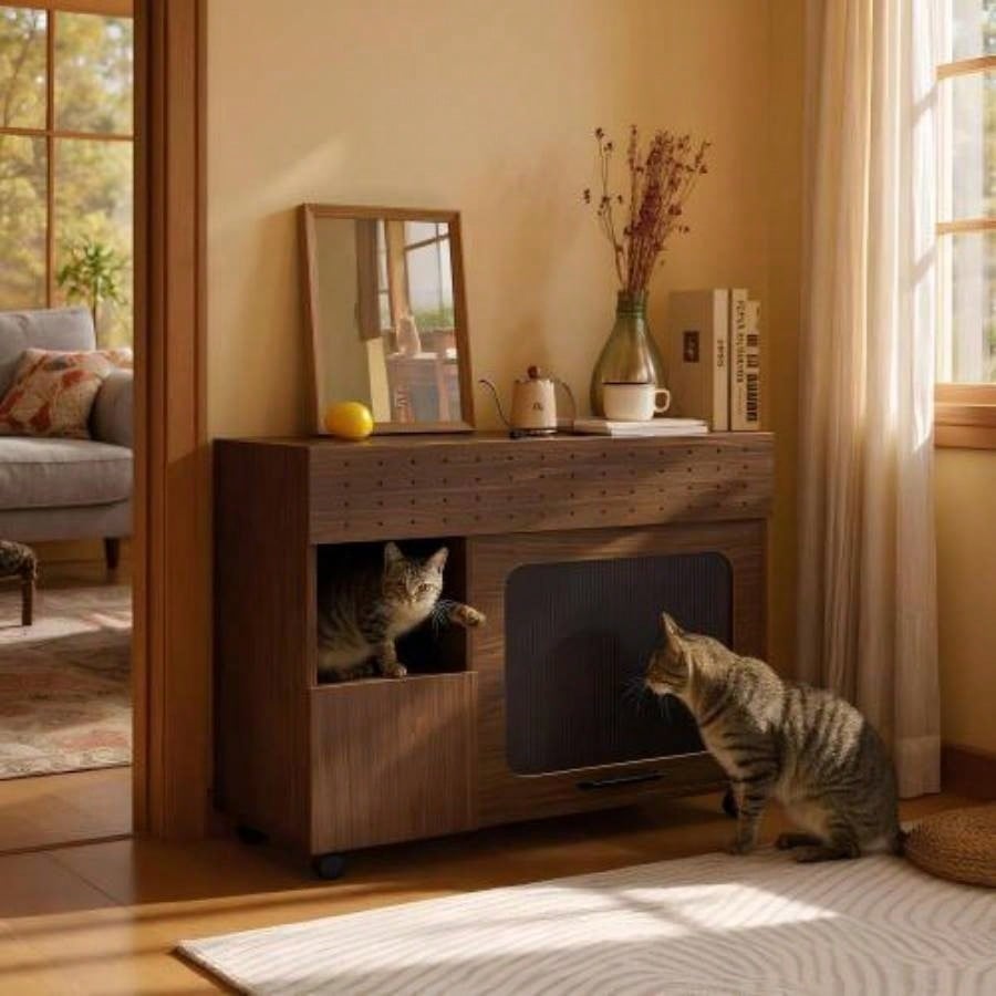 2 IN 1 Multi - use Litter Box Enclosure, Modern Walnut Side Table with Storage, Buffet Cabinet Side Board