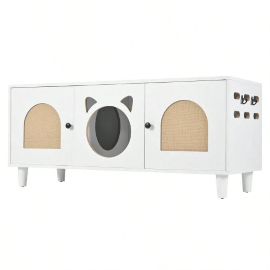 Modern Wood Cabinet with Sisal Scratcher, Litter Box Enclosure with Storage, white Side Table
