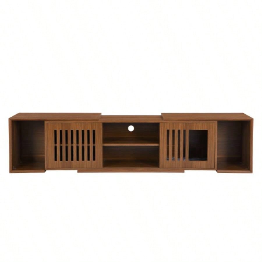 Mid - Modern 2 in 1 Furniture, House Litter Box Enclosure Walnut TV Stand With Extendable table, Sliding door. Wood TV Cabinet with Storage