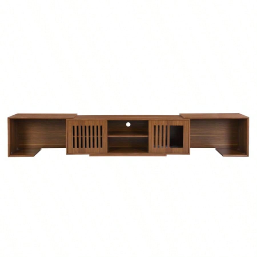 Mid - Modern 2 in 1 Furniture, House Litter Box Enclosure Walnut TV Stand With Extendable table, Sliding door. Wood TV Cabinet with Storage