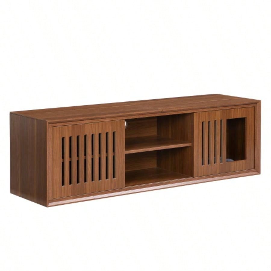 Mid - Modern 2 in 1 Furniture, House Litter Box Enclosure Walnut TV Stand With Extendable table, Sliding door. Wood TV Cabinet with Storage