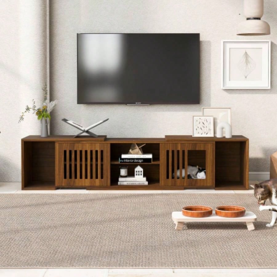 Mid - Modern 2 in 1 Furniture, House Litter Box Enclosure Walnut TV Stand With Extendable table, Sliding door. Wood TV Cabinet with Storage