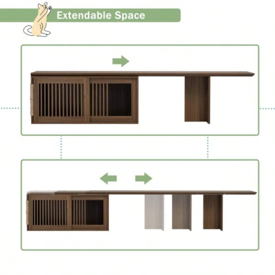 Mid - Modern 2 in 1 Furniture Walnut TV Stand With Extendable table, Litter Box Enclosure with Scratcher