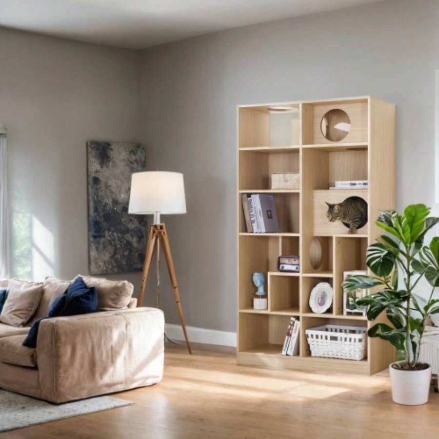 Modern 2 IN 1 Wood Bookshelf House, Tree Display with Storage, Litter Box Enclosure Climbing Shelf