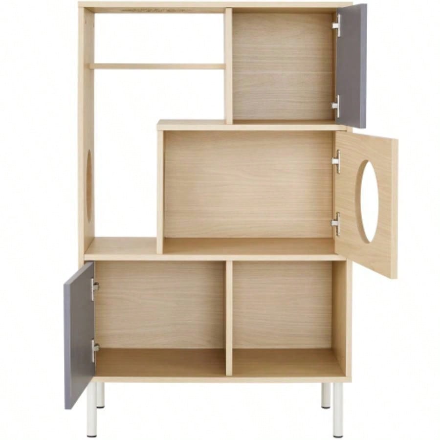 2 IN 1 Modern Tree Bookshelf with Storage, Wood Bookcase with Litter Box Enclosure, Climbing Shelves with Hidden Storage