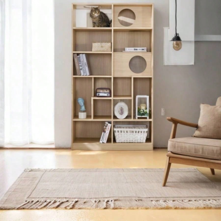 Modern 2 IN 1 Wood Bookshelf House, Tree Display with Storage, Litter Box Enclosure Climbing Shelf