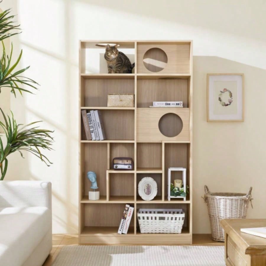 Modern 2 IN 1 Wood Bookshelf House, Tree Display with Storage, Litter Box Enclosure Climbing Shelf