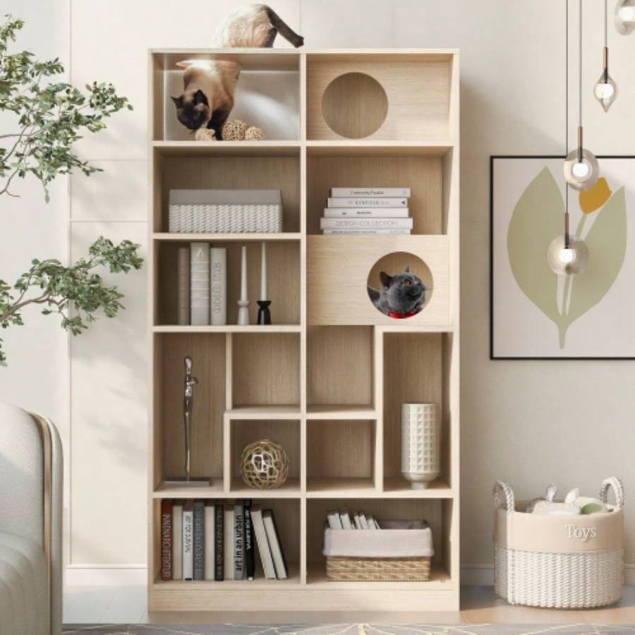 Modern 2 IN 1 Wood Bookshelf House, Tree Display with Storage, Litter Box Enclosure Climbing Shelf