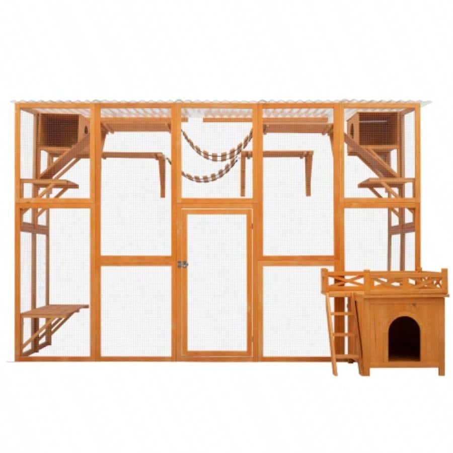 Weatherproof Catio Outdoor Enclosure, Outdoor house, Natural Wood Playground, Natural Shelf with Litter Box