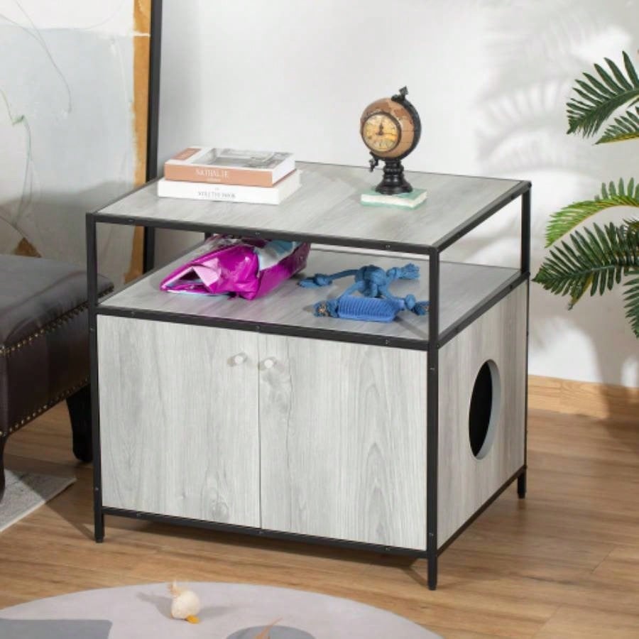 PawHut Wooden Litter Box Enclosure, Hidden Kitten Washroom, Indoor End Table with Magnetic Doors Storage Shelves, Gray
