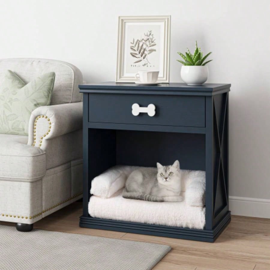 Vintage Small Storage Cabinet with Led Light and Pet Bed, Hidden Litter Box with Drawer and Semi - Open Space