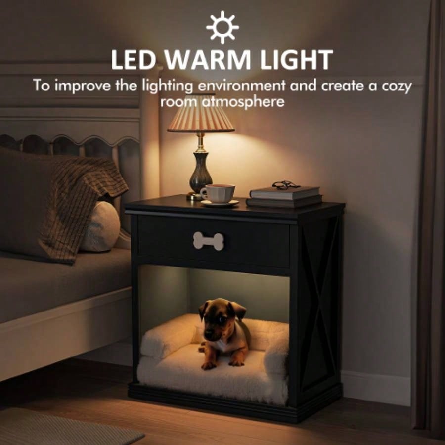 Vintage Small Storage Cabinet with Led Light and Pet Bed, Hidden Litter Box with Drawer and Semi - Open Space