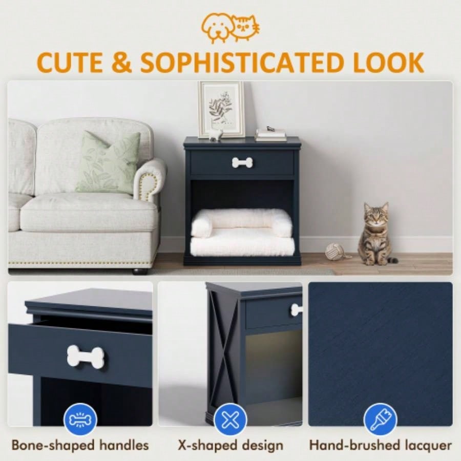 Vintage Small Storage Cabinet with Led Light and Pet Bed, Hidden Litter Box with Drawer and Semi - Open Space