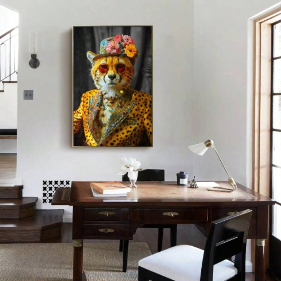 Abstract Art Wall Decor: Stylish Cheetah in Leopard Print Suit with and Hat Featuring Flower - Unique Modern Canvas Painting Living Room, Bedroom, Office decorative picture