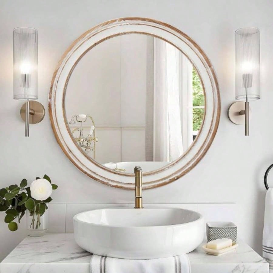 23.62 inches Round Wall Mirror Bathroom Vanity, Wooden Farmhouse Circle Mirrors Bedroom, Entryway, Living Room, Kithen Whitewash Decorative Mirror Home, Office