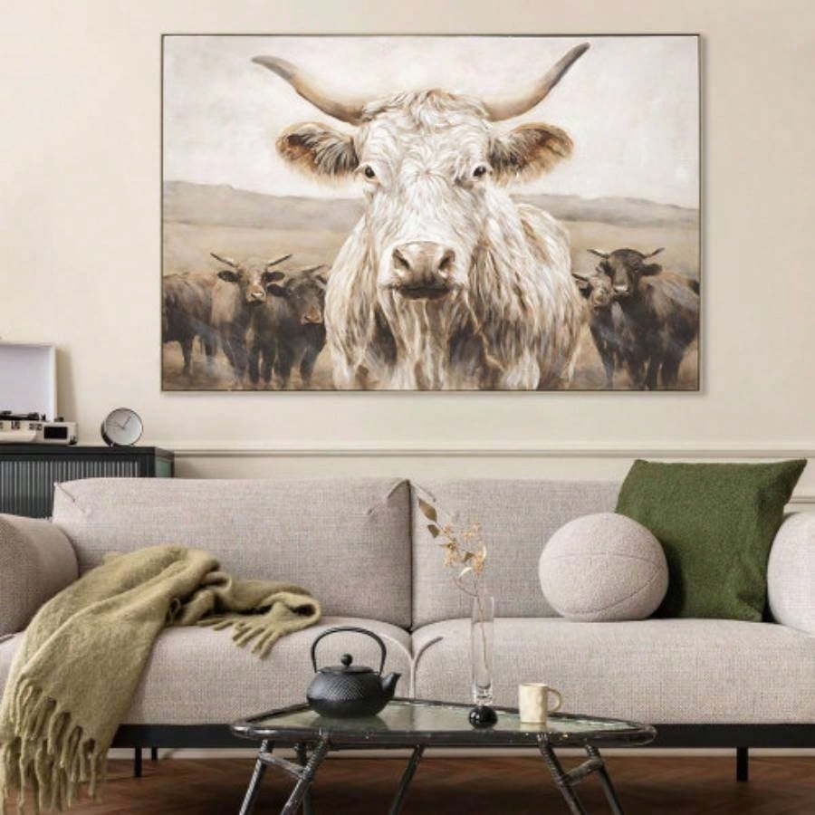 White Highland Cow Canvas Wall Art - Modern Minimalist Animal Art Print Living Room Bedroom Decor, Framed in Solid Wood, Nature Inspired Wall Decordecorative picture Oil painting