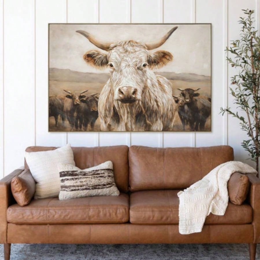 White Highland Cow Canvas Wall Art - Modern Minimalist Animal Art Print Living Room Bedroom Decor, Framed in Solid Wood, Nature Inspired Wall Decordecorative picture Oil painting