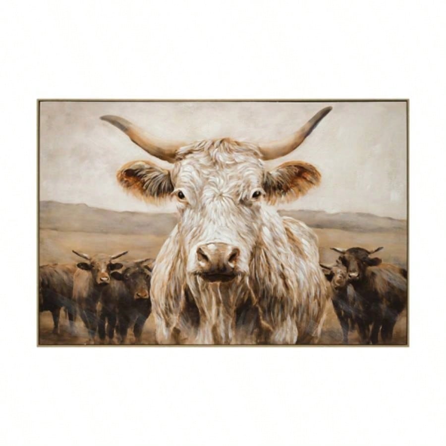 White Highland Cow Canvas Wall Art - Modern Minimalist Animal Art Print Living Room Bedroom Decor, Framed in Solid Wood, Nature Inspired Wall Decordecorative picture Oil painting