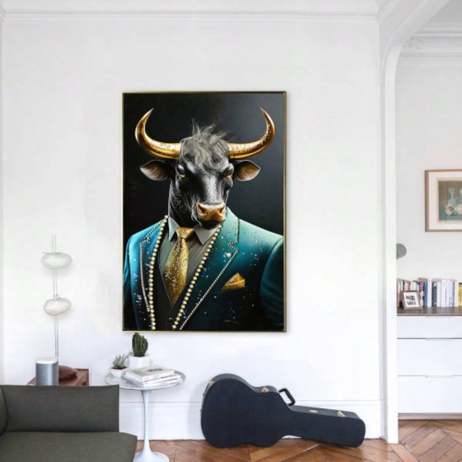 Executive Blue Buffalo Canvas Wall Art - Dapper Animal Portrait in Tailored Suit Modern British Humour Home Decor Premium Gallery Wrapped Artwork Office Lounge Study Room decorative picture