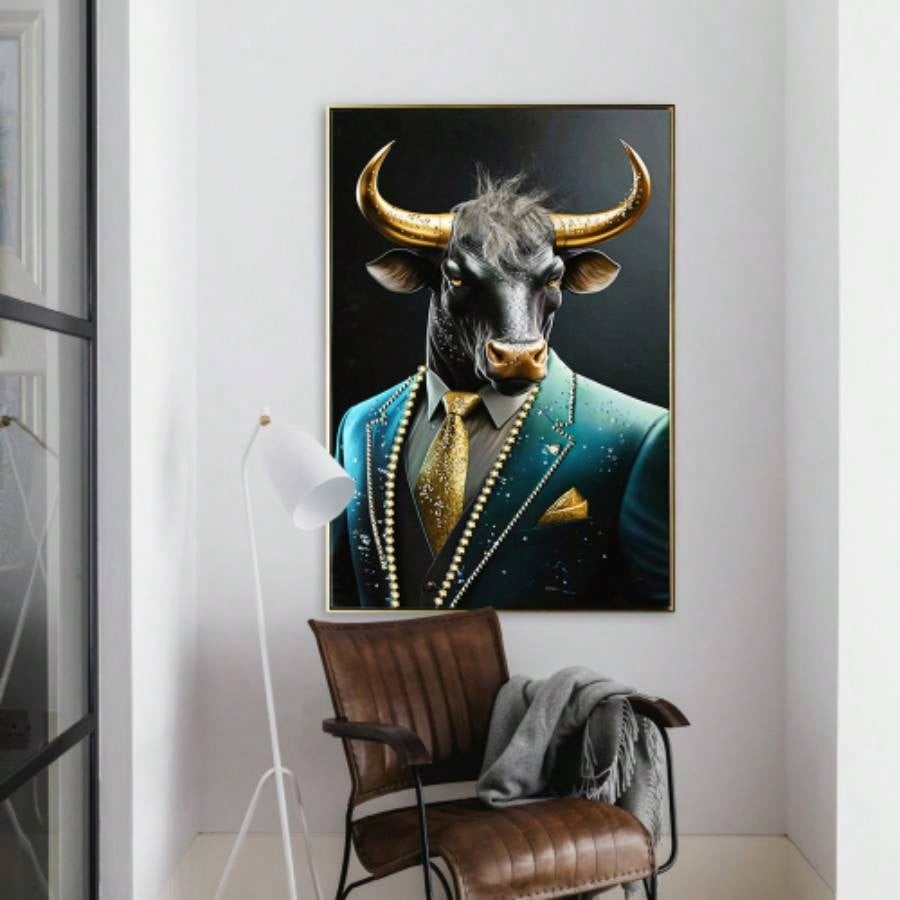 Executive Blue Buffalo Canvas Wall Art - Dapper Animal Portrait in Tailored Suit Modern British Humour Home Decor Premium Gallery Wrapped Artwork Office Lounge Study Room decorative picture