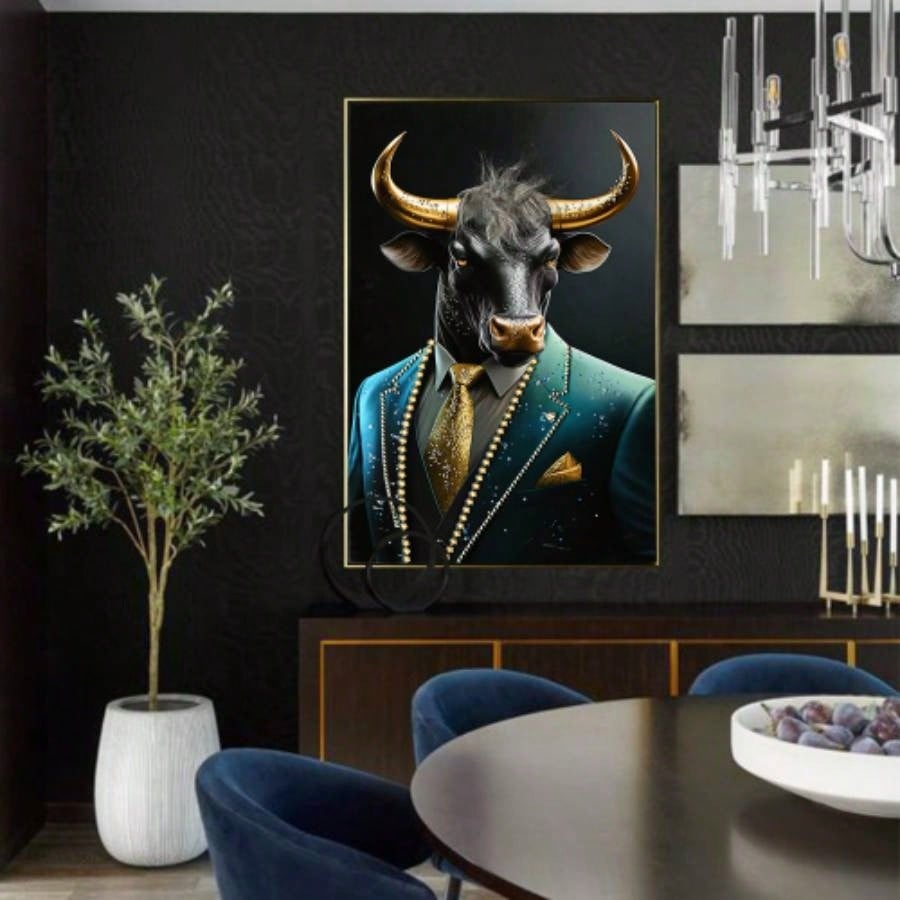 Executive Blue Buffalo Canvas Wall Art - Dapper Animal Portrait in Tailored Suit Modern British Humour Home Decor Premium Gallery Wrapped Artwork Office Lounge Study Room decorative picture