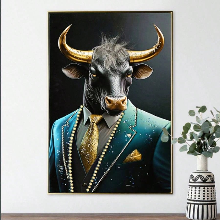 Executive Blue Buffalo Canvas Wall Art - Dapper Animal Portrait in Tailored Suit Modern British Humour Home Decor Premium Gallery Wrapped Artwork Office Lounge Study Room decorative picture