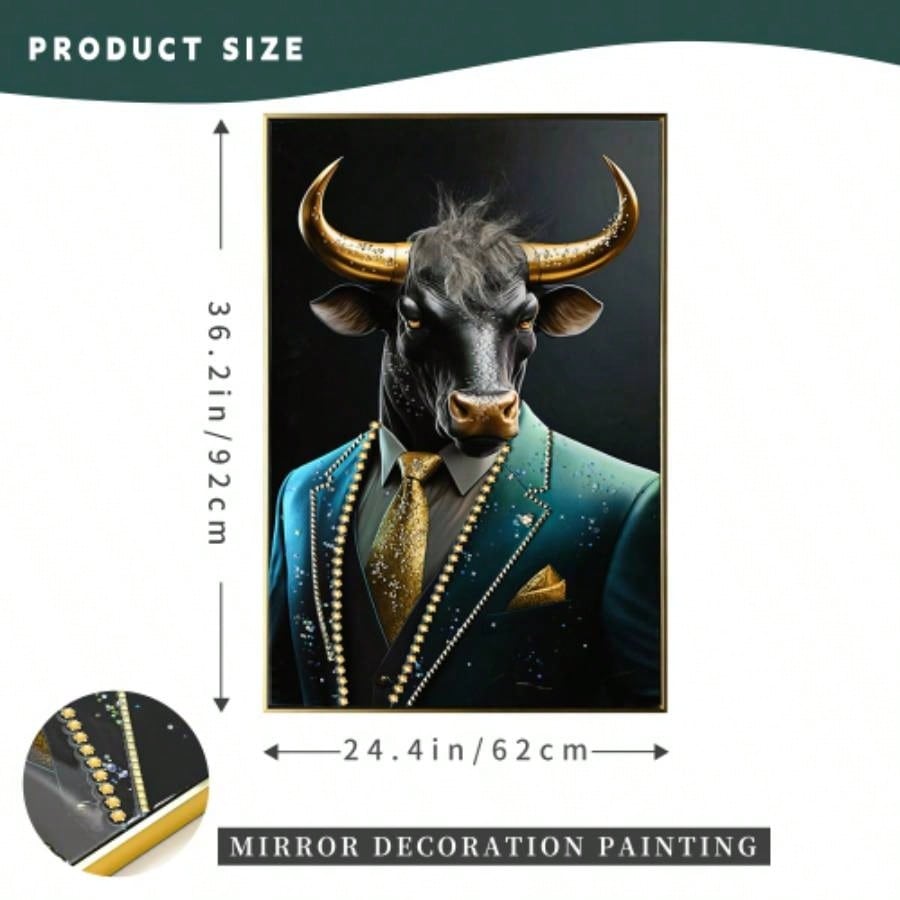 Executive Blue Buffalo Canvas Wall Art - Dapper Animal Portrait in Tailored Suit Modern British Humour Home Decor Premium Gallery Wrapped Artwork Office Lounge Study Room decorative picture