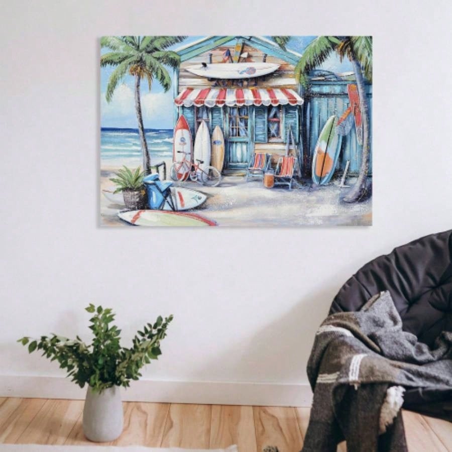 Blue Beach House Surfboard Coconut Tree Ocean Wall Art - Coastal Tropical Landscape Mural Print - Vibrant Seaside Decor Living Room Bedroom Office decorative picture