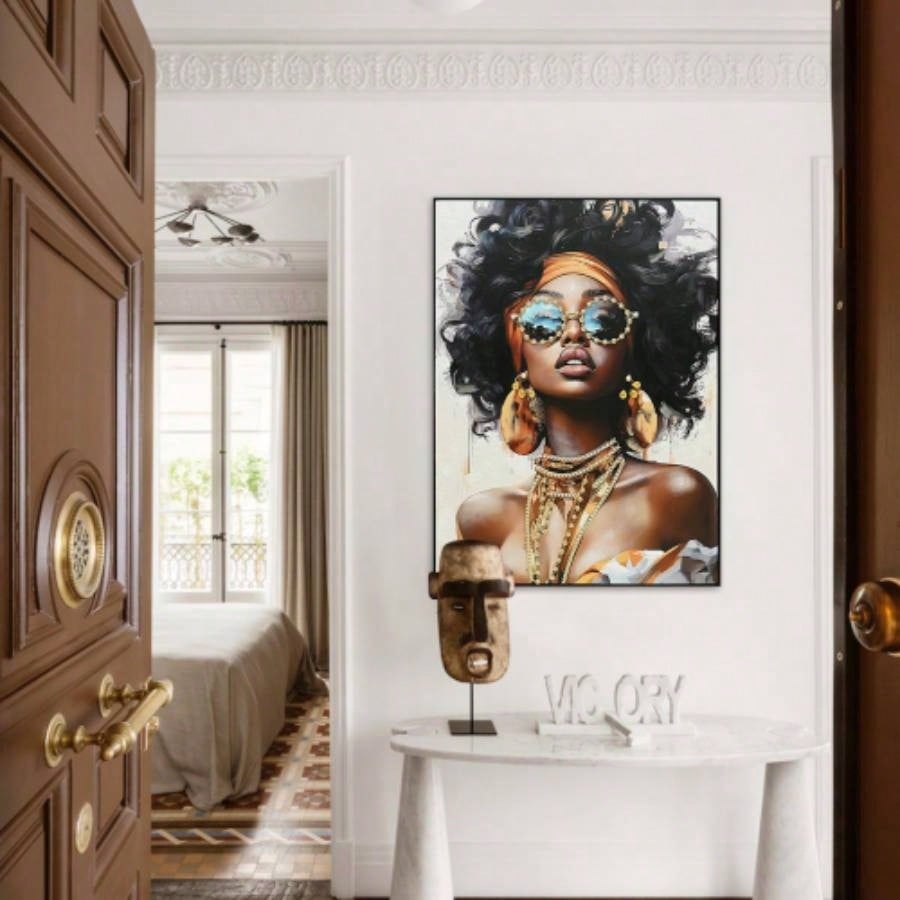 African American Woman Canvas Wall Art with Curly Hair Orange Headwrap Earrings and Modern Afrocentric Decor Living Room Bedroom Office decorative picture