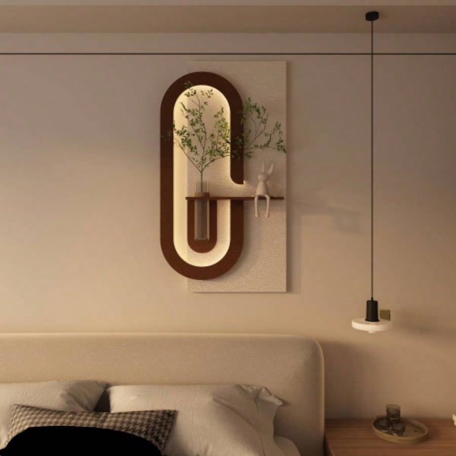 Adjustable 3 - Color LED Sandstone Wall Decor with Simulated Green Plants - 3D Art Sculpture, Glass Vase Rabbit Statue, Remote Control Light Strips Living Room, Bedroom, Hallway