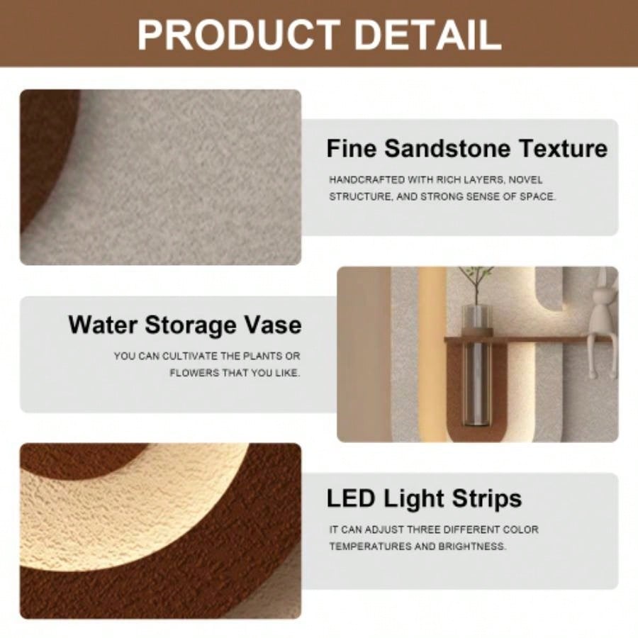 Adjustable 3 - Color LED Sandstone Wall Decor with Simulated Green Plants - 3D Art Sculpture, Glass Vase Rabbit Statue, Remote Control Light Strips Living Room, Bedroom, Hallway