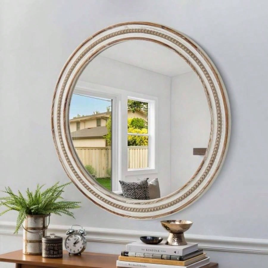 23.62 inches Wood Round Decorative Mirrors Wall Decor, Rustic Circle Mirror Bedroom, Bathroom, Living Room, Entryway Mirror Home and Office with beads