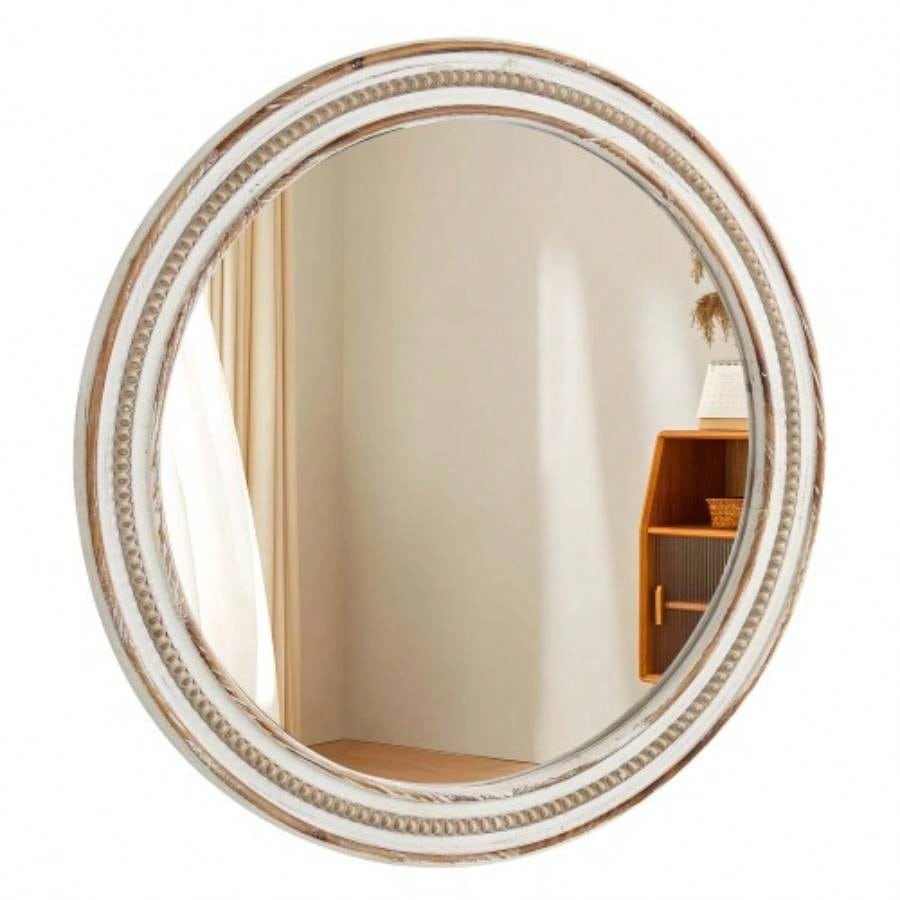 23.62 inches Wood Round Decorative Mirrors Wall Decor, Rustic Circle Mirror Bedroom, Bathroom, Living Room, Entryway Mirror Home and Office with beads