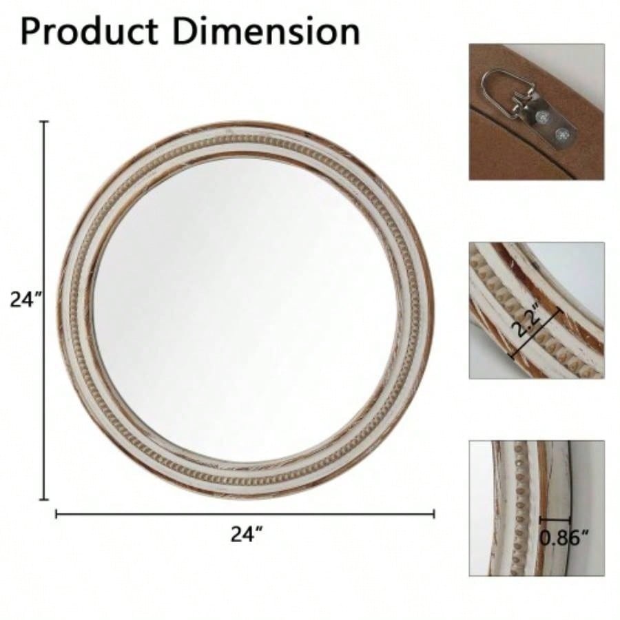 23.62 inches Wood Round Decorative Mirrors Wall Decor, Rustic Circle Mirror Bedroom, Bathroom, Living Room, Entryway Mirror Home and Office with beads