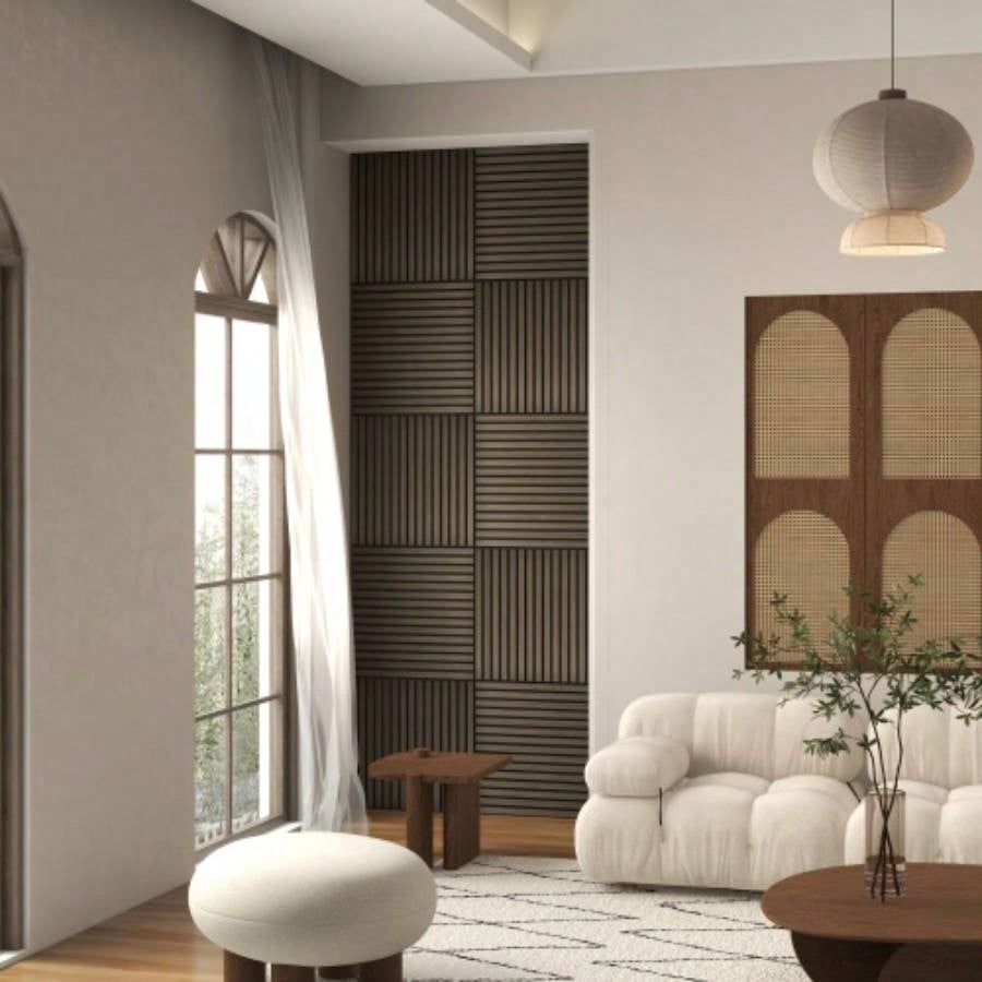 HOMCOM 4 Pack 3D Faux Wood Wall Panels, 24x 24 Sound Absorbing Acoustic Panels, Wood Slat Wall Panels Interior Wall Decor, Ceiling, Walnut