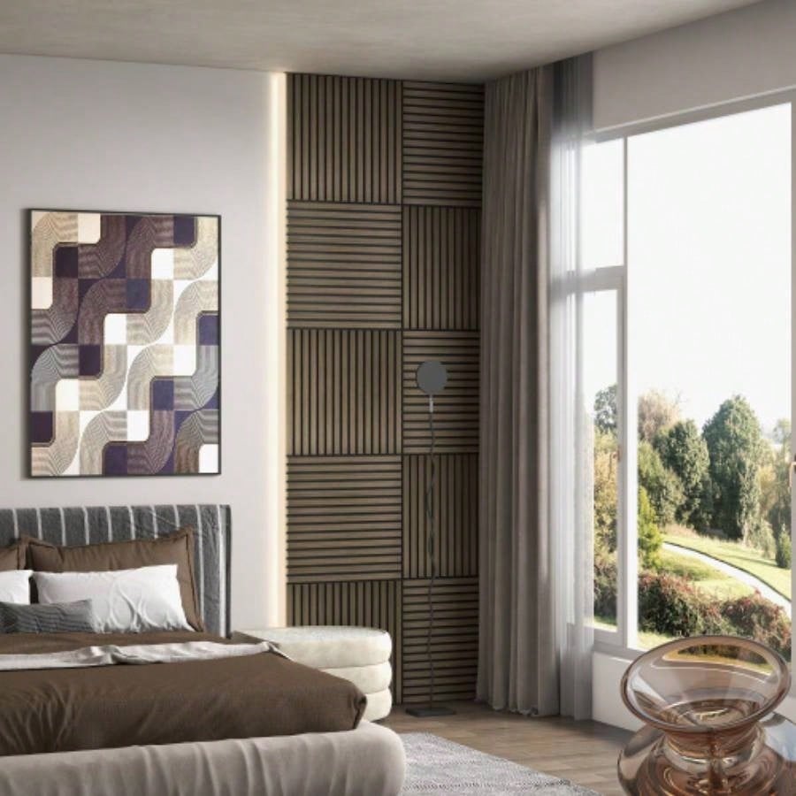 HOMCOM 4 Pack 3D Faux Wood Wall Panels, 24x 24 Sound Absorbing Acoustic Panels, Wood Slat Wall Panels Interior Wall Decor, Ceiling, Walnut