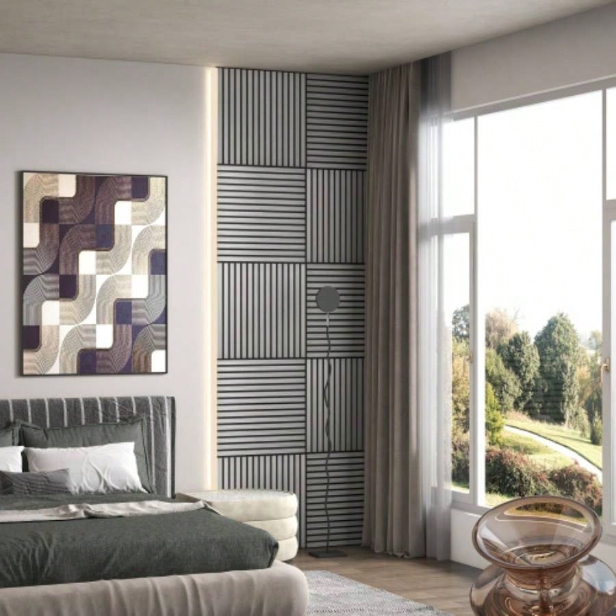 HOMCOM 4 Pack 3D Faux Wood Wall Panels, 24x 24 Sound Absorbing Acoustic Panels, Wood Slat Wall Panels Interior Wall Decor, Ceiling, Gray