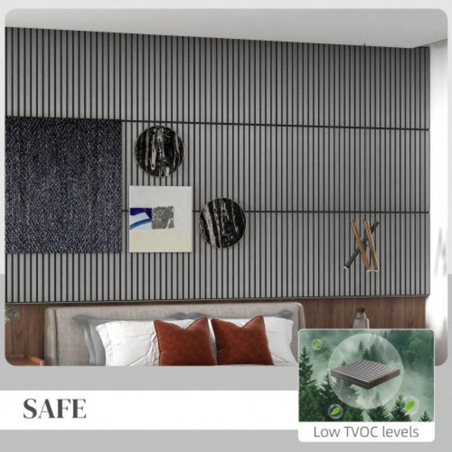 HOMCOM 4 Pack 3D Faux Wood Wall Panels, 24x 24 Sound Absorbing Acoustic Panels, Wood Slat Wall Panels Interior Wall Decor, Ceiling, Gray