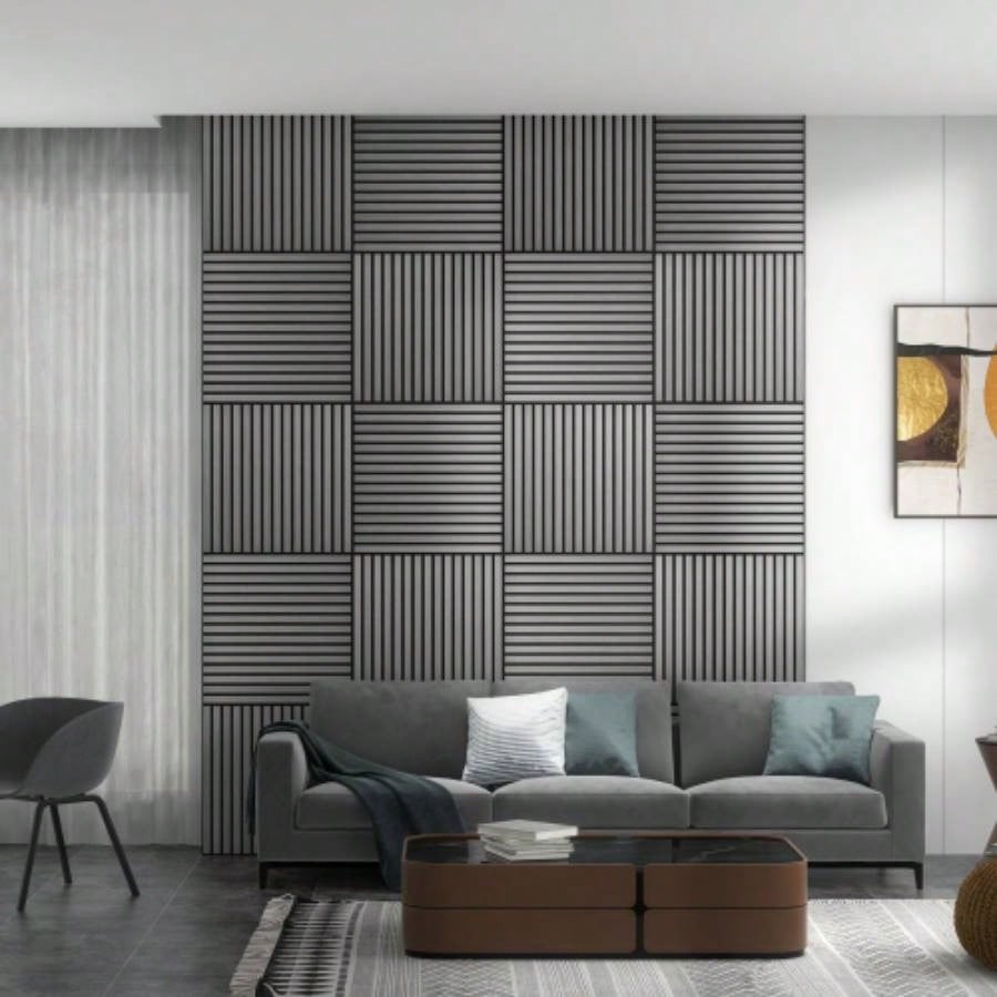 HOMCOM 4 Pack 3D Faux Wood Wall Panels, 24x 24 Sound Absorbing Acoustic Panels, Wood Slat Wall Panels Interior Wall Decor, Ceiling, Gray