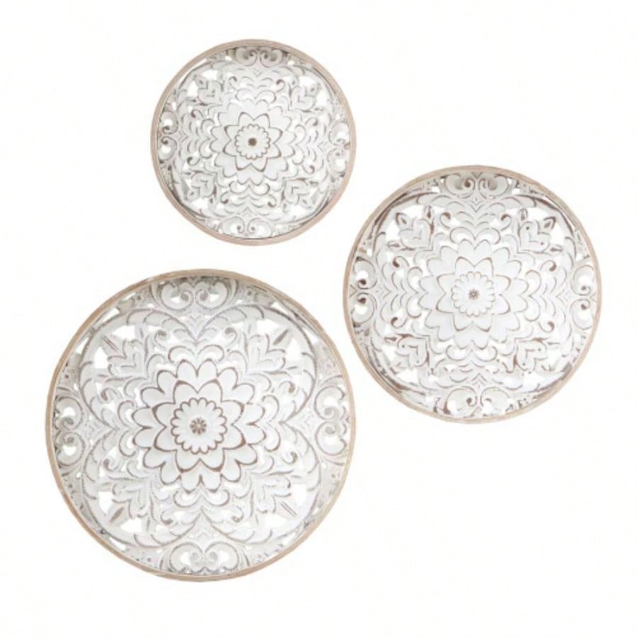 Distressed White Floral 3 - piece Carved Wood Wall Decor Set