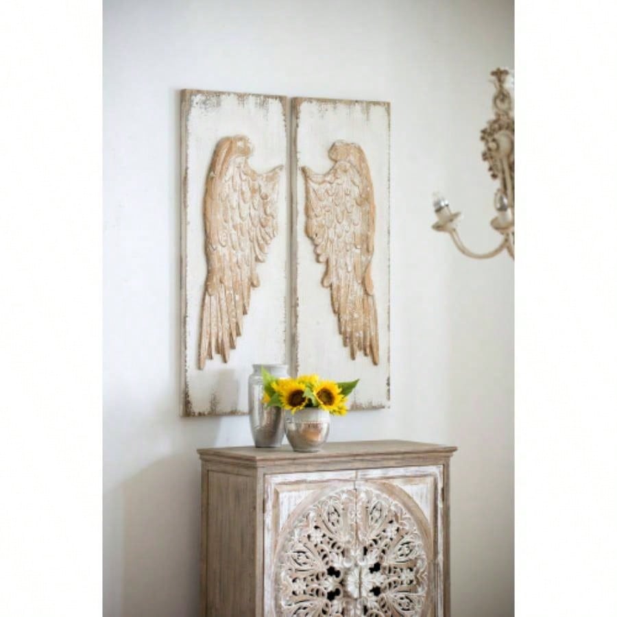 Set of 2 Wing Wall Panels with Distressed White, Rectangle Hanging Wall Art, 42x 15.5