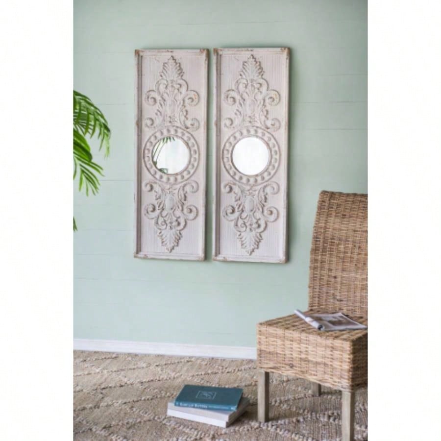 Set of 2 Large Wooden Wall Art Panels with Distressed White and Round Mirror Accents, 17x 48