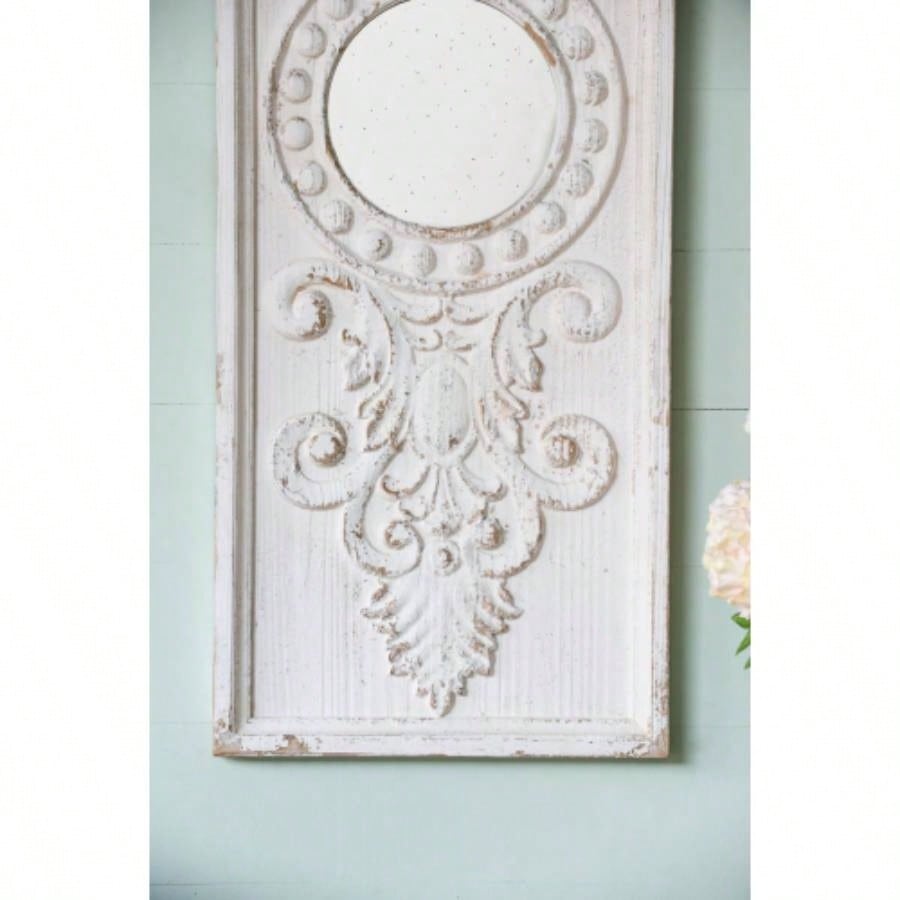 Set of 2 Large Wooden Wall Art Panels with Distressed White and Round Mirror Accents, 17x 48